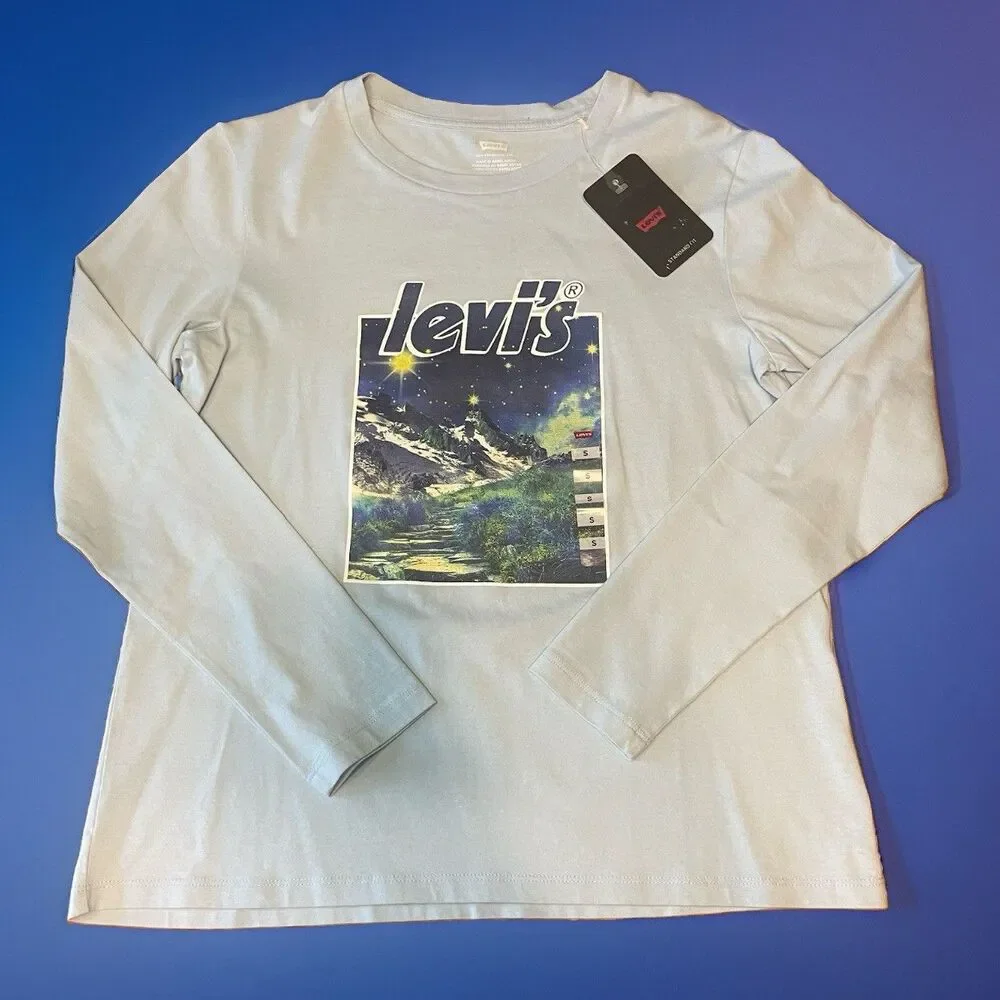 NWT Levi's Long Sleeve Graphic Tee Shirt Mens Small Light Blue Mountain Night